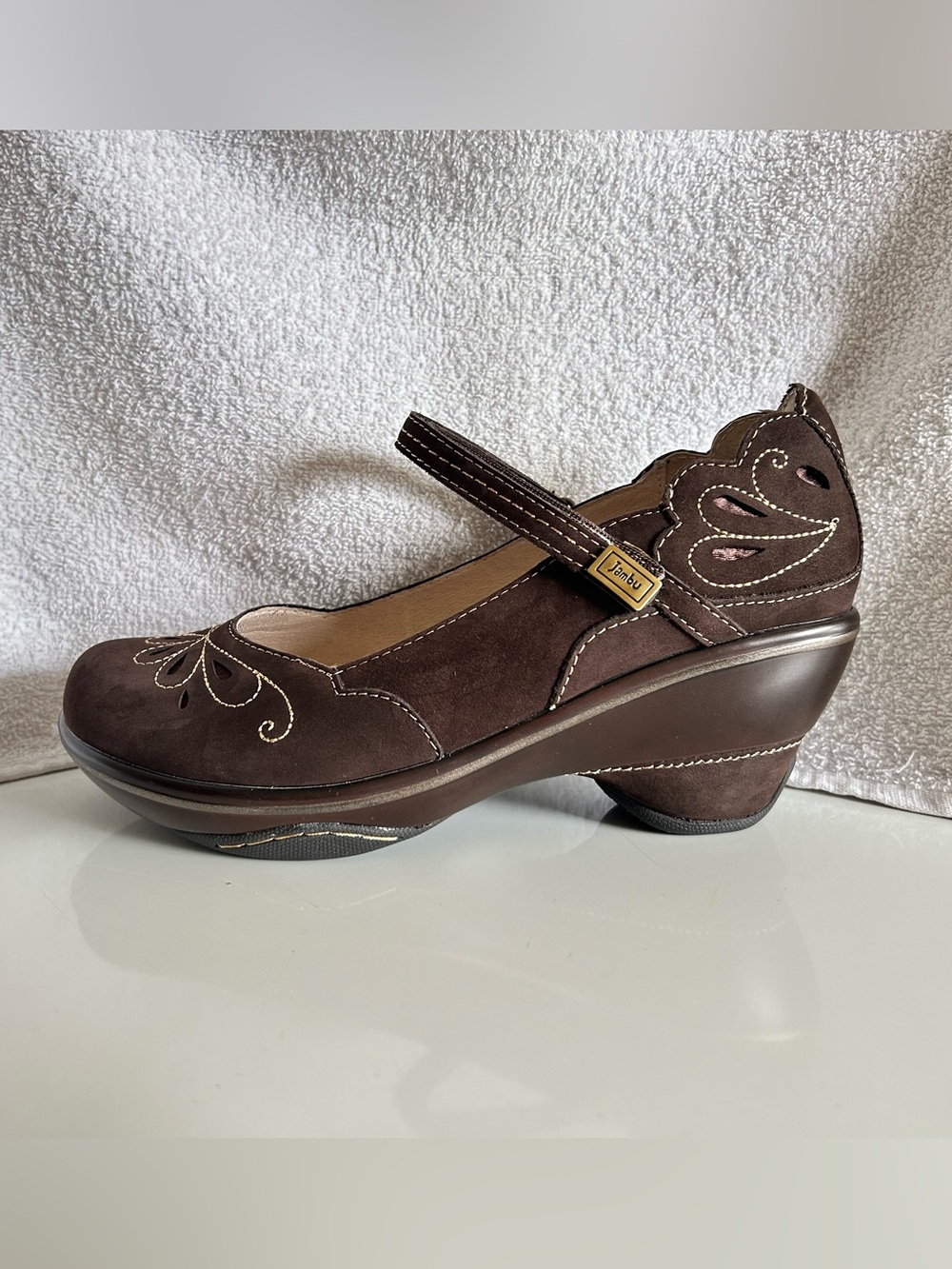 Jambu Dark Brown Suede Mary Jane Wedge with Decorative Stitching